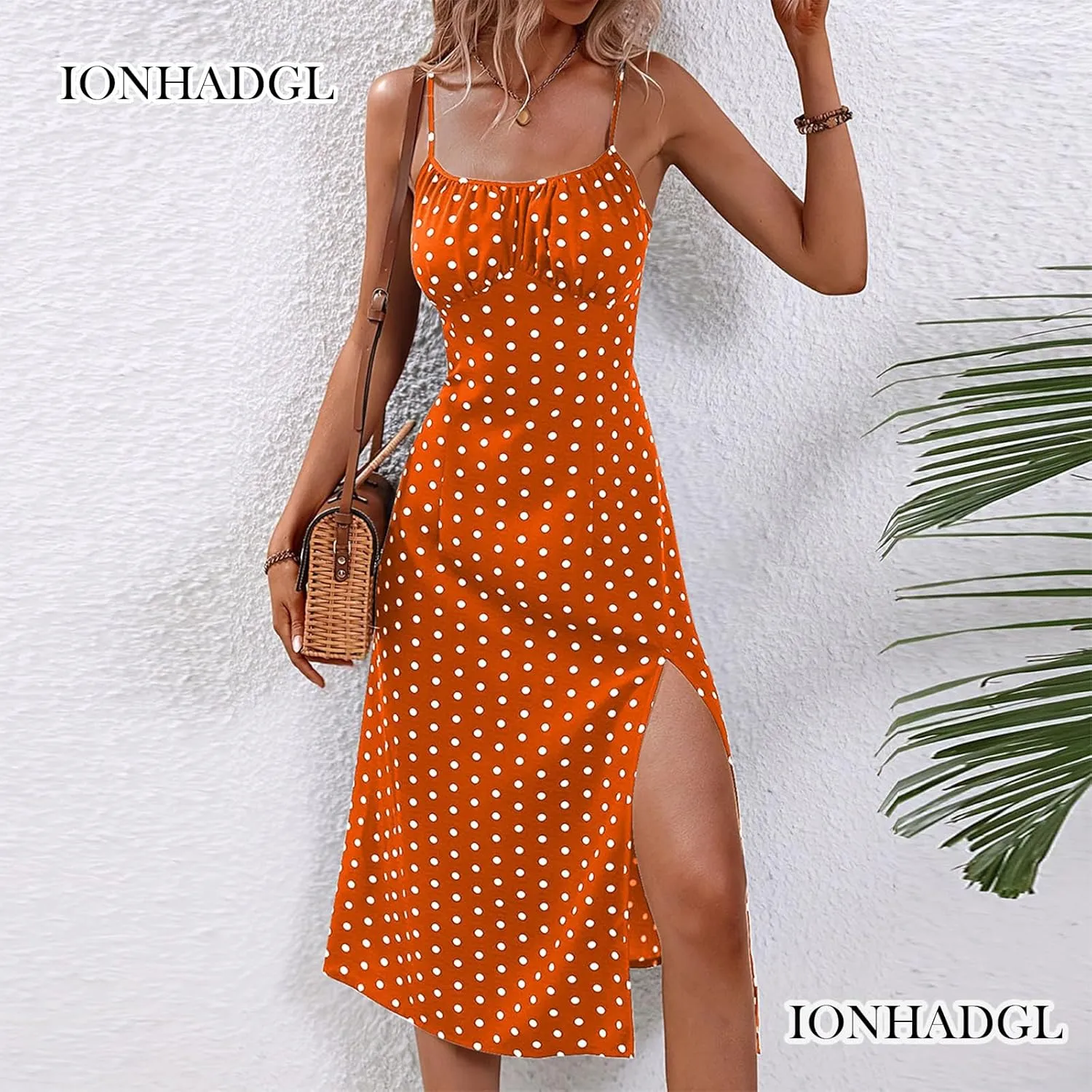 Womens Polka Dot Sundresses Spaghetti Strap Summer Dresses Slim Fit Side Slit Midi Dress Sexy A Line Beach Dress