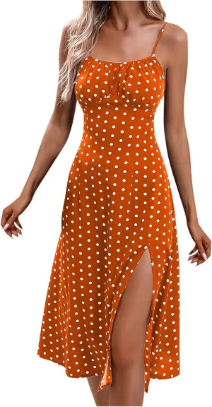 Womens Polka Dot Sundresses Spaghetti Strap Summer Dresses Slim Fit Side Slit Midi Dress Sexy A Line Beach Dress