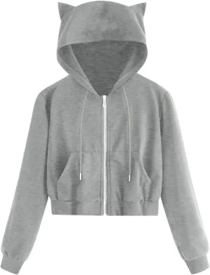 Womens Shirt Zipper Solid Tops Cat Ear Casual Long Sleeve Hooded Sweatshirt Pocket Comfy Gym Sweatshirts Oversized