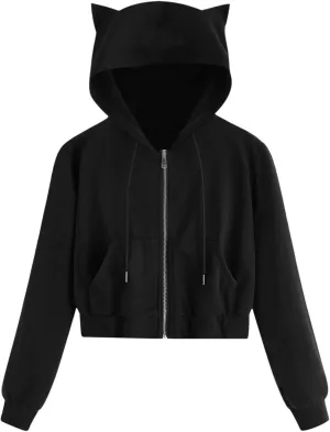 Womens Shirt Zipper Solid Tops Cat Ear Casual Long Sleeve Hooded Sweatshirt Pocket Comfy Gym Sweatshirts Oversized