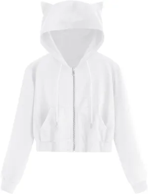 Womens Shirt Zipper Solid Tops Cat Ear Casual Long Sleeve Hooded Sweatshirt Pocket Comfy Gym Sweatshirts Oversized