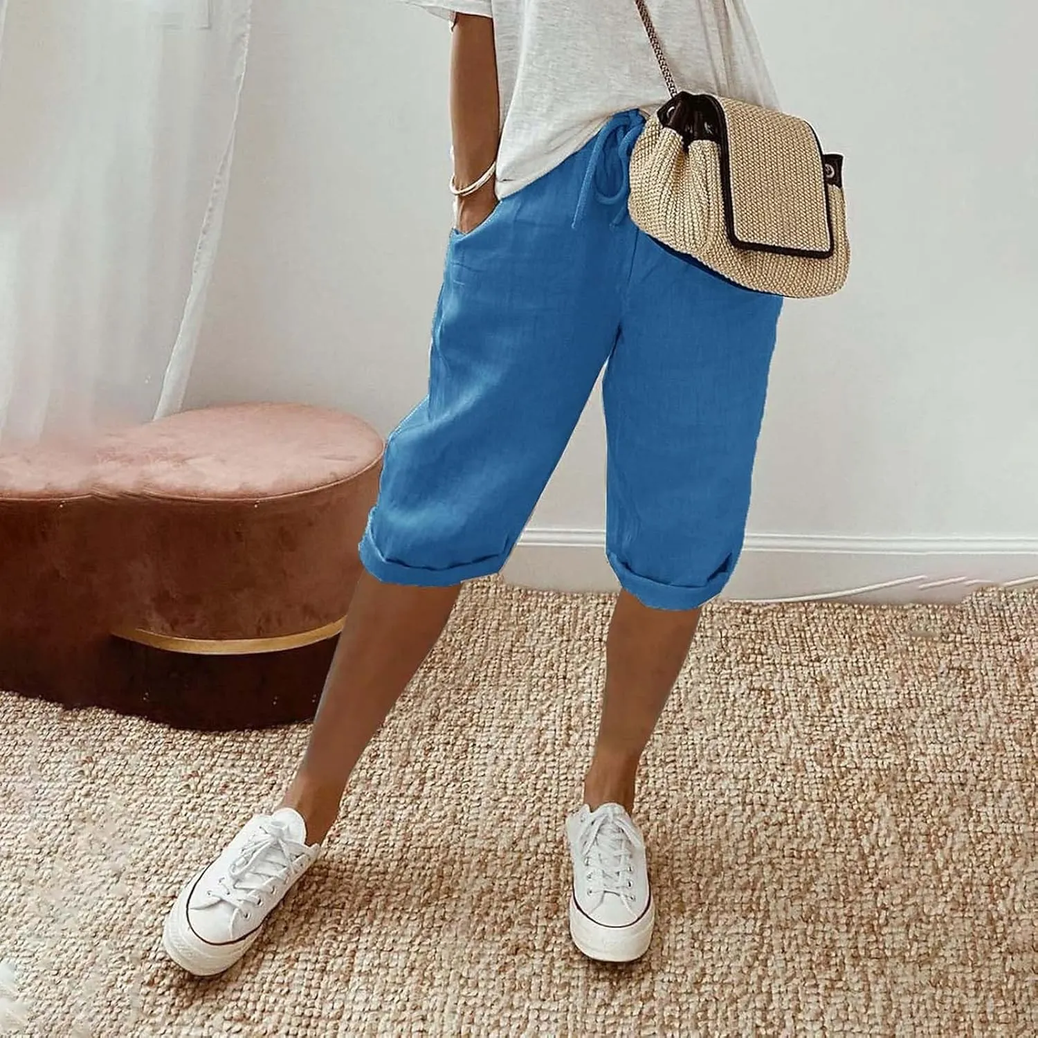 Womens Summer Mix Cotton Linen Palazzo Pants Drawstring Casual Solid Color Shorts Casual Beach Long Pants