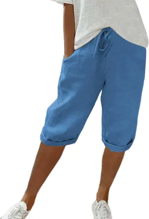 Womens Summer Mix Cotton Linen Palazzo Pants Drawstring Casual Solid Color Shorts Casual Beach Long Pants