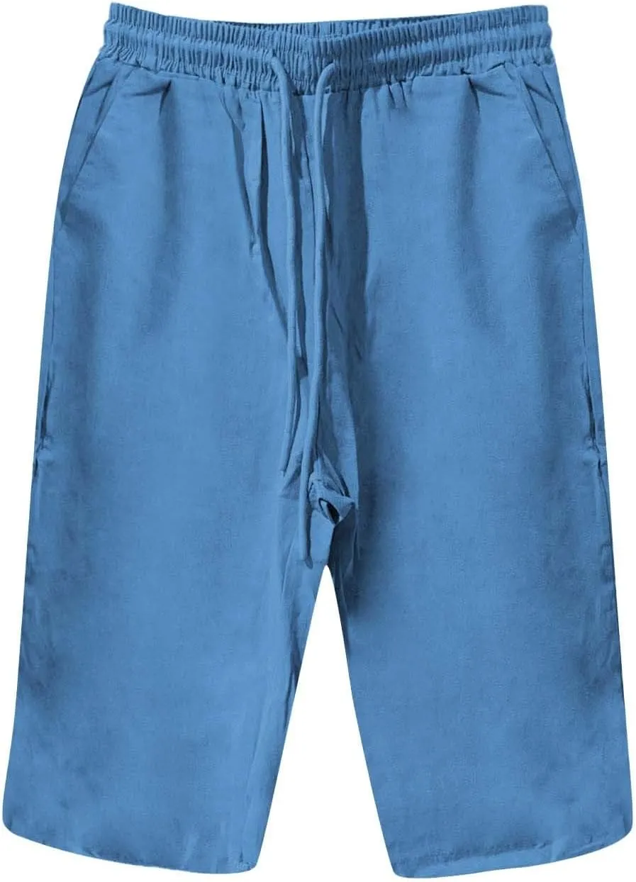Womens Summer Mix Cotton Linen Palazzo Pants Drawstring Casual Solid Color Shorts Casual Beach Long Pants