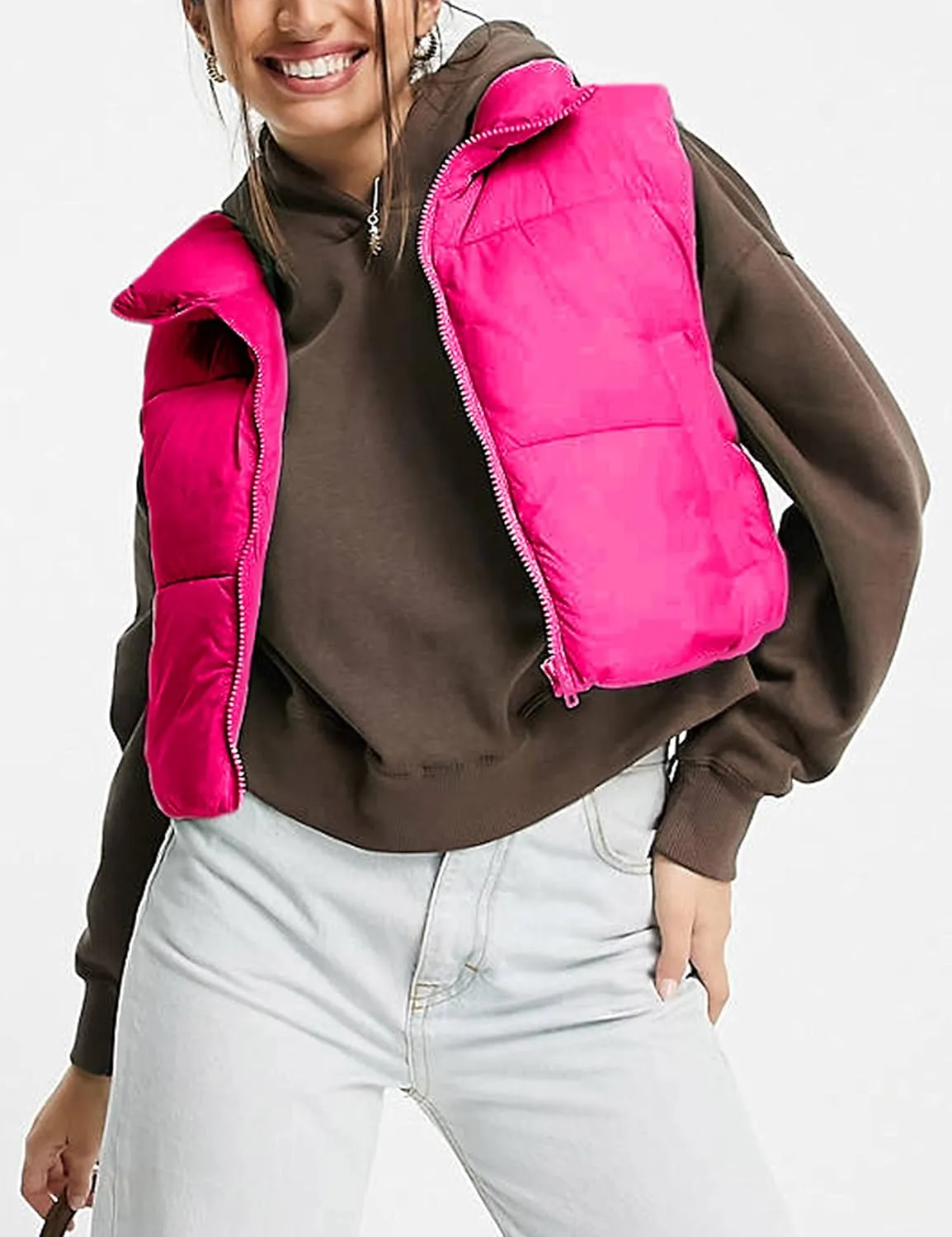 Zhiyouni Womens Cropped Puffer Vest Lightweight Sleeveless Stand Collar Short Padded Vest Gilet